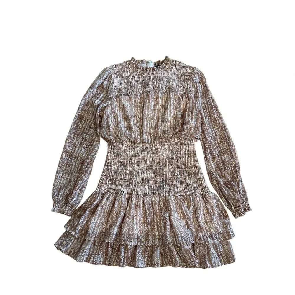 AQUA DRESS SZ L SMOCKED FLORAL MINI LONG SLEEVE‎ SPRING BOHO CHIC